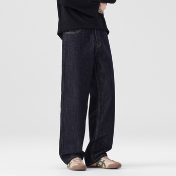 Blugi bărbați cu croială dreaptă, căptușeală fleece, denim din bumbac, talie medie, fermoar