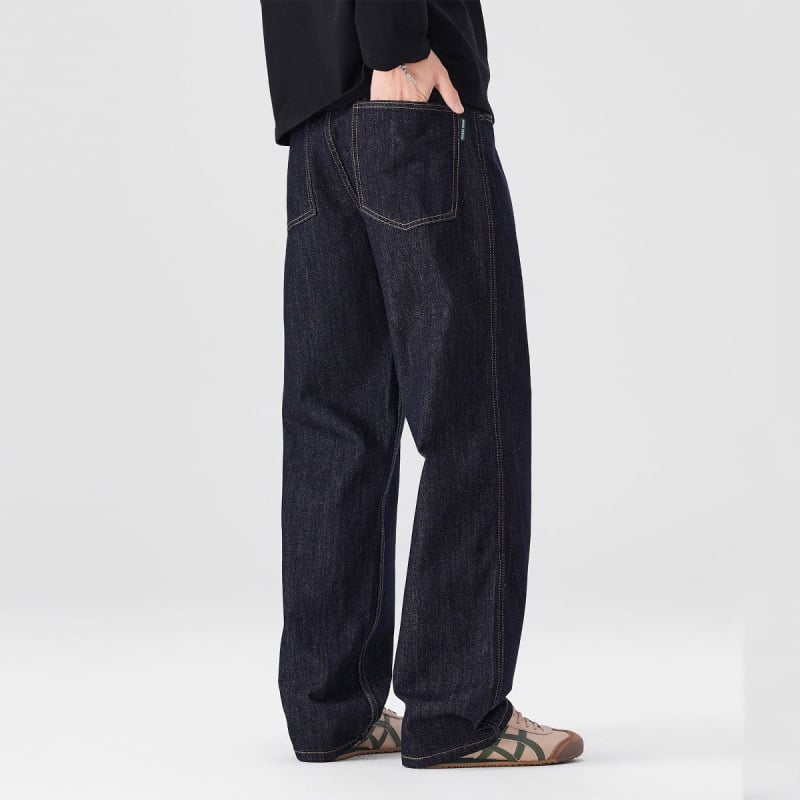 Blugi bărbați cu croială dreaptă, căptușeală fleece, denim din bumbac, talie medie, fermoar