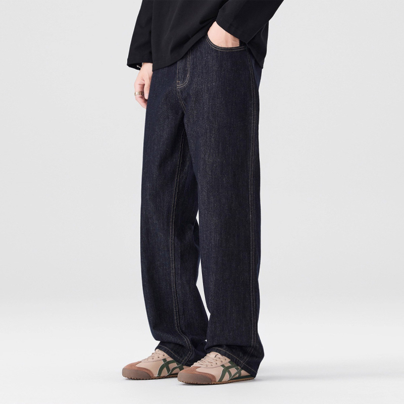 Blugi bărbați cu croială dreaptă, căptușeală fleece, denim din bumbac, talie medie, fermoar