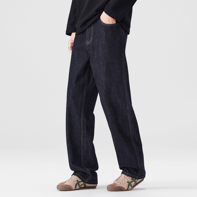 Blugi bărbați cu croială dreaptă, căptușeală fleece, denim din bumbac, talie medie, fermoar