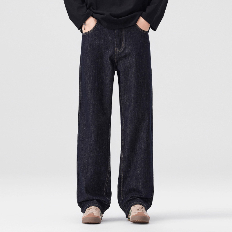 Blugi bărbați cu croială dreaptă, căptușeală fleece, denim din bumbac, talie medie, fermoar