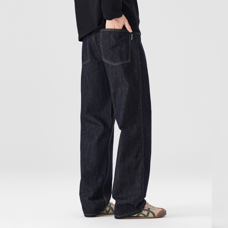 Blugi bărbați cu croială dreaptă, căptușeală fleece, denim din bumbac, talie medie, fermoar