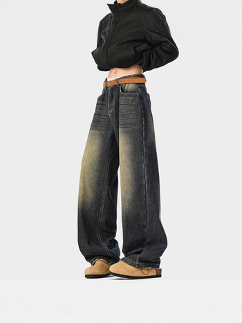 Denim nadrág, laza szabású, egyenes szár, fleece béléssel, mosott, középmagasságú