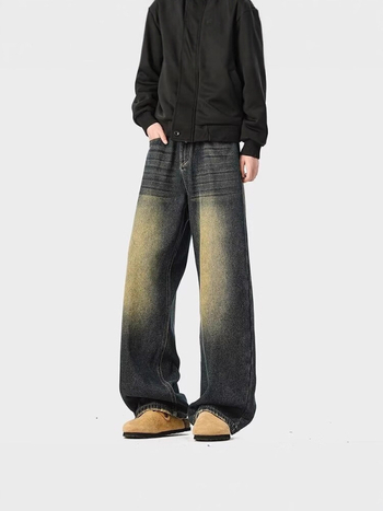 Denim nadrág, laza szabású, egyenes szár, fleece béléssel, mosott, középmagasságú