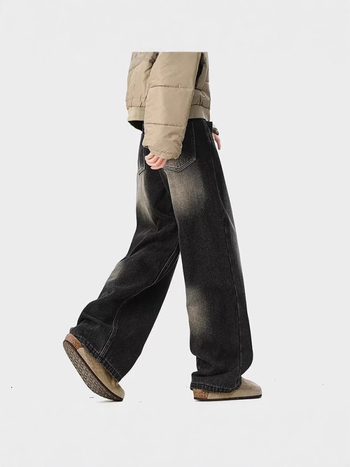 Denim nadrág, laza szabású, egyenes szár, fleece béléssel, mosott, középmagasságú