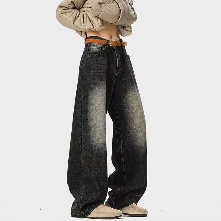 Denim nadrág, laza szabású, egyenes szár, fleece béléssel, mosott, középmagasságú