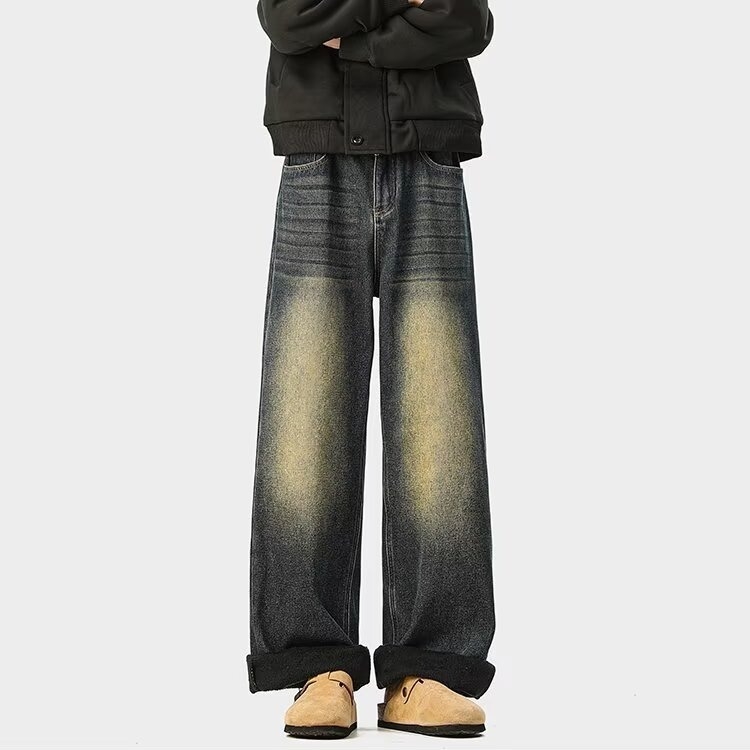 Denim nadrág, laza szabású, egyenes szár, fleece béléssel, mosott, középmagasságú