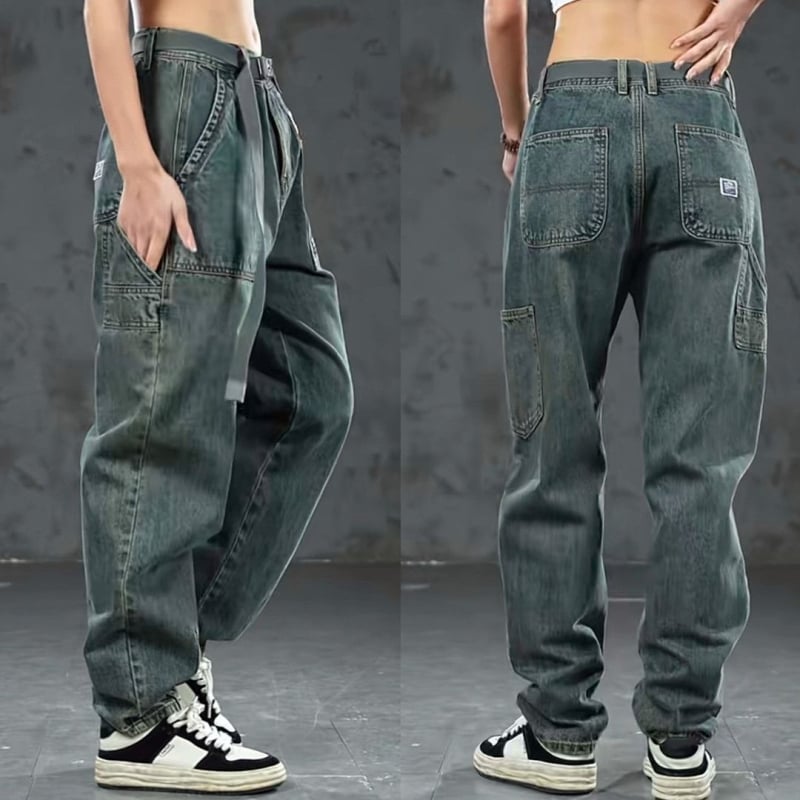 Vintage patchwork farmernadrág fleece-béléssel, egyenes szárú, középmagas derék, chenille anyag nyúlszőrrel