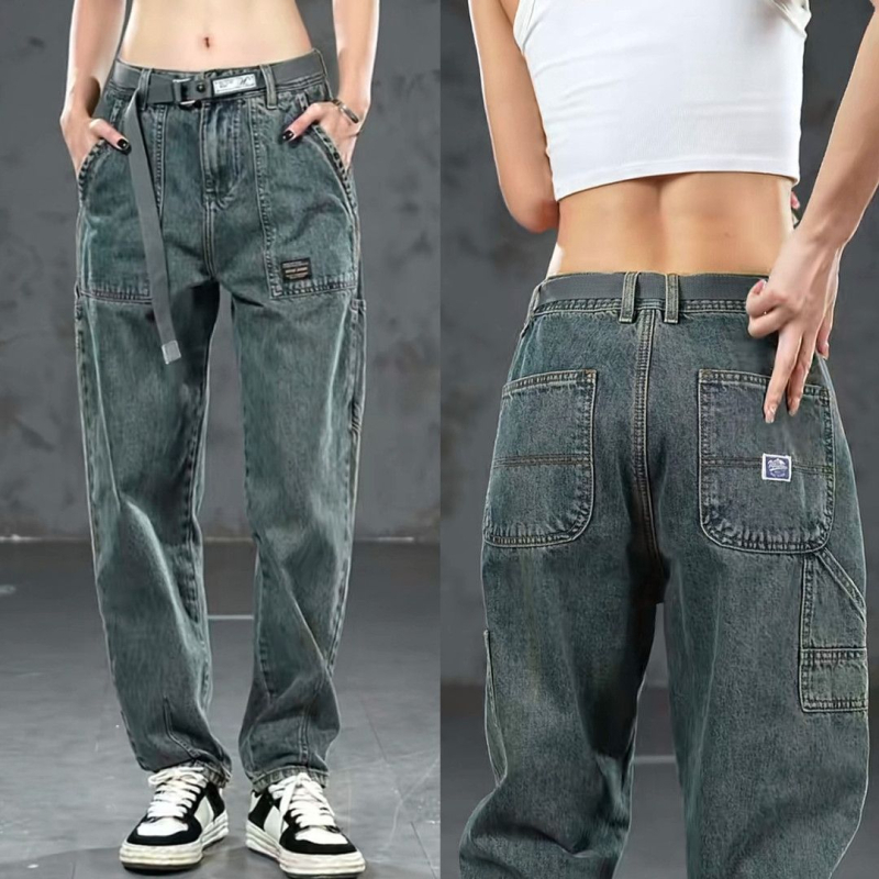 Vintage patchwork farmernadrág fleece-béléssel, egyenes szárú, középmagas derék, chenille anyag nyúlszőrrel