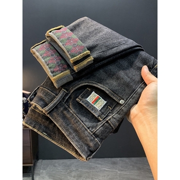 Férfi farmernadrág koreai stílusban, mintás, karcsú szabású, denim, 80% pamut