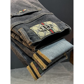 Férfi farmernadrág koreai stílusban, mintás, karcsú szabású, denim, 80% pamut