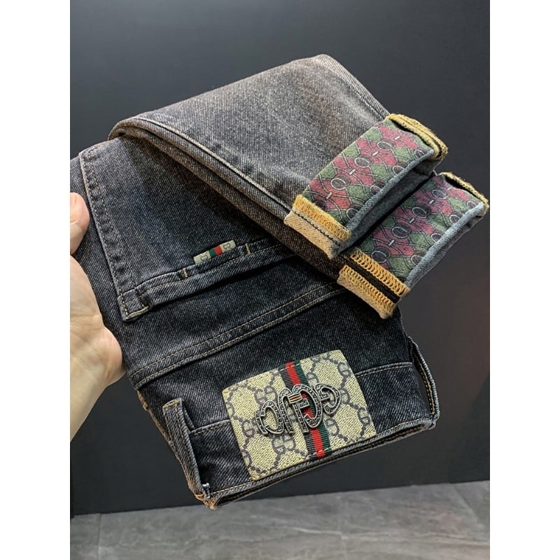 Férfi farmernadrág koreai stílusban, mintás, karcsú szabású, denim, 80% pamut