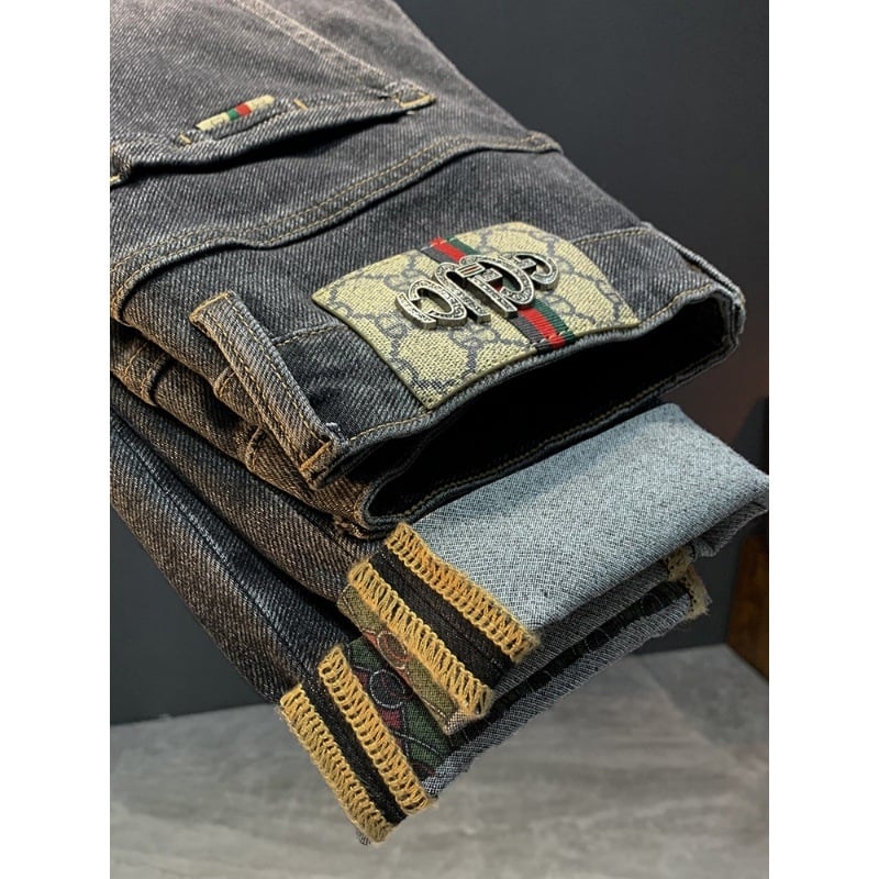 Férfi farmernadrág koreai stílusban, mintás, karcsú szabású, denim, 80% pamut