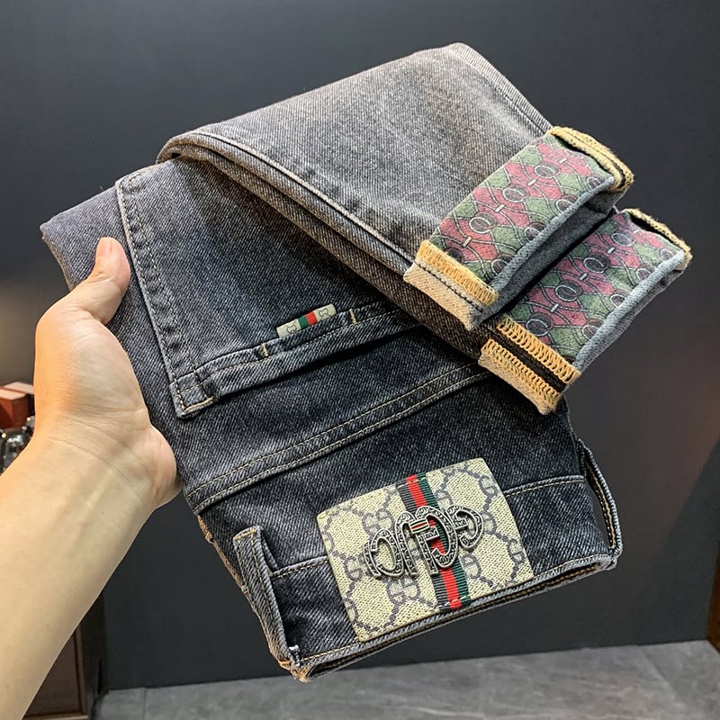 Férfi farmernadrág koreai stílusban, mintás, karcsú szabású, denim, 80% pamut