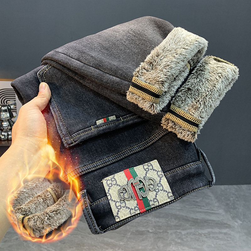 Férfi farmernadrág koreai stílusban, mintás, karcsú szabású, denim, 80% pamut