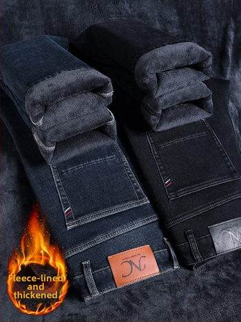 Vyriski žieminiai džinsai su fleece įdėklu, mikroelastiniai, slim-fit tiesus kirpimas, vidurio juosmuo, kasdieniam naudojimui