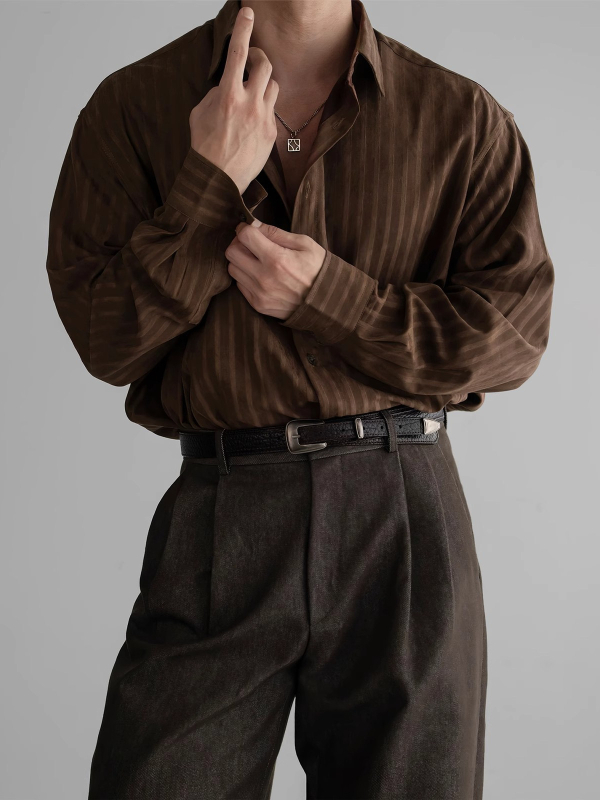 Teksturirana ležerna košulja s dugim rukavima, poliester tkanina, vertikalne pruge, slobodan kroj