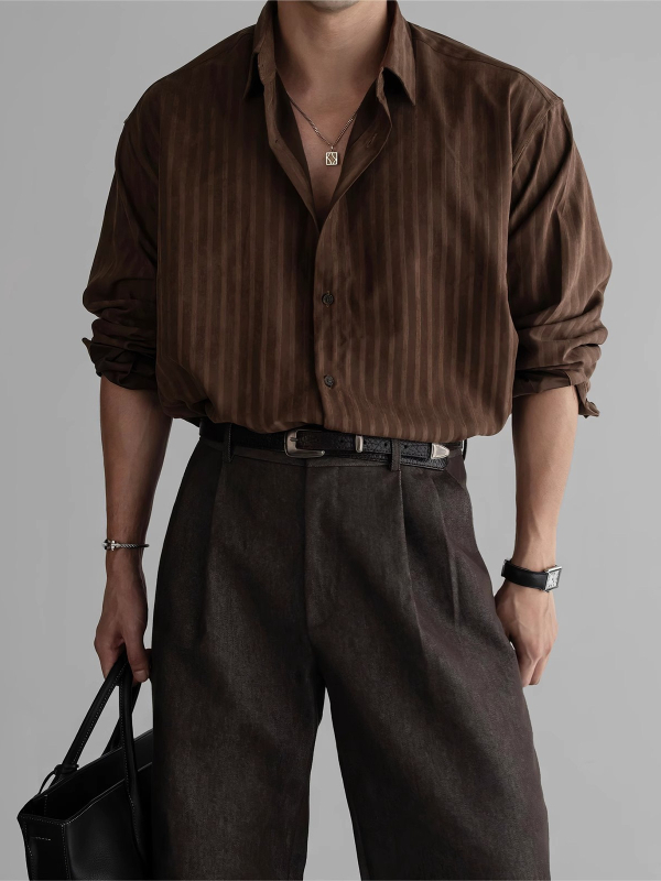 Teksturirana ležerna košulja s dugim rukavima, poliester tkanina, vertikalne pruge, slobodan kroj