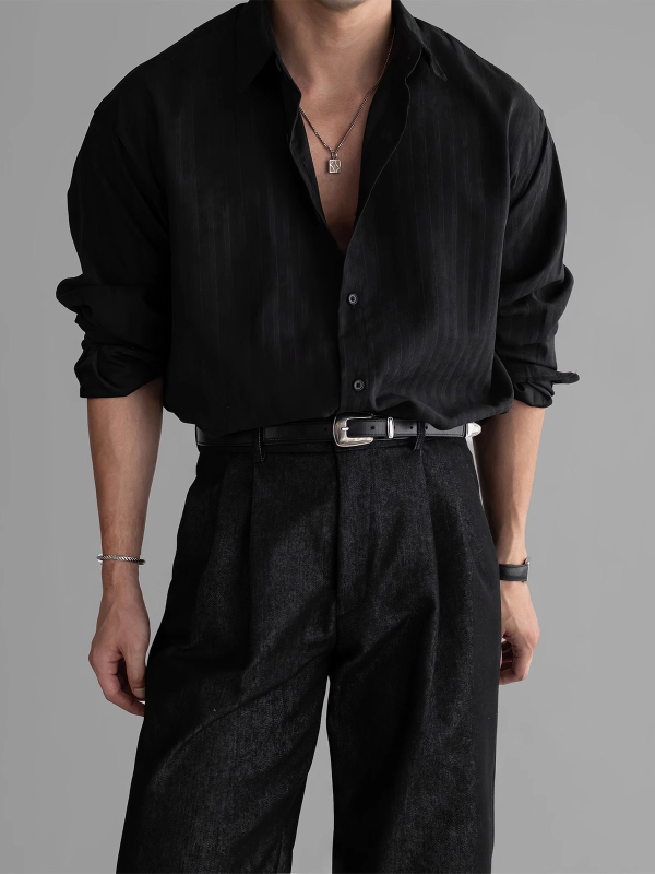 Teksturirana ležerna košulja s dugim rukavima, poliester tkanina, vertikalne pruge, slobodan kroj