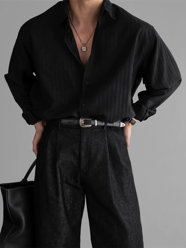 Teksturirana ležerna košulja s dugim rukavima, poliester tkanina, vertikalne pruge, slobodan kroj