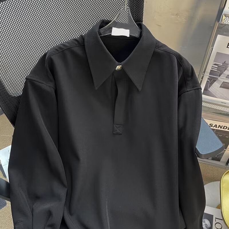 Muška polo košulja, hip-hop stil kardigan, široki kroj, dugi rukav, oštar ovratnik; tkanina: poliester 96% + smjesa sintetičkih vlakana; bez glačanja; jesen 2024
