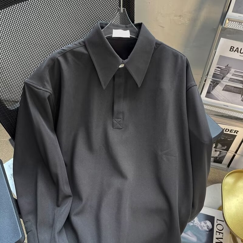 Muška polo košulja, hip-hop stil kardigan, široki kroj, dugi rukav, oštar ovratnik; tkanina: poliester 96% + smjesa sintetičkih vlakana; bez glačanja; jesen 2024