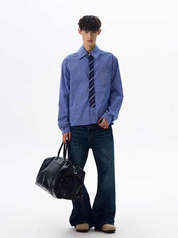 Muška karirana košulja s dugim rukavima, japanski stil, retro, pamuk, labav kroj