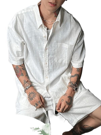Muški laneni ležerni set – košulja s kratkim rukavima i šorcima, slobodan kroj, stojeći ovratnik, ljeto