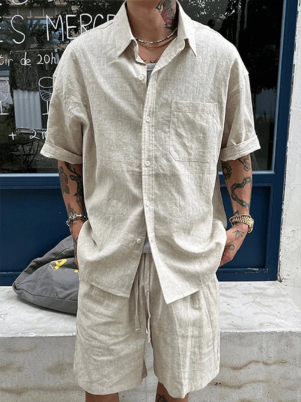 Muški laneni ležerni set – košulja s kratkim rukavima i šorcima, slobodan kroj, stojeći ovratnik, ljeto
