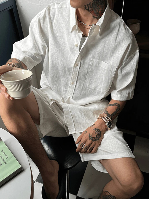 Muški laneni ležerni set – košulja s kratkim rukavima i šorcima, slobodan kroj, stojeći ovratnik, ljeto