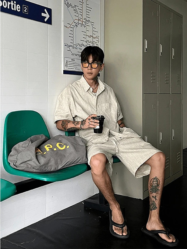 Muški laneni ležerni set – košulja s kratkim rukavima i šorcima, slobodan kroj, stojeći ovratnik, ljeto