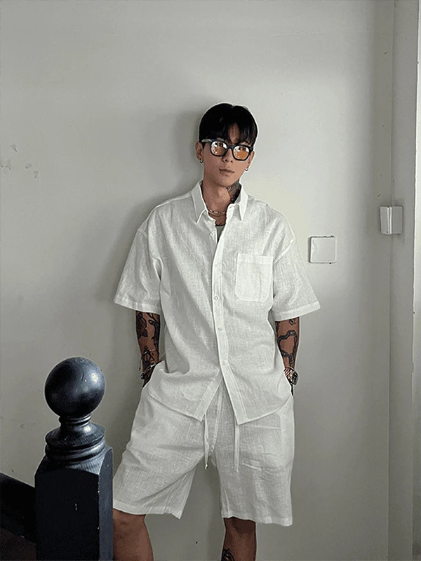Muški laneni ležerni set – košulja s kratkim rukavima i šorcima, slobodan kroj, stojeći ovratnik, ljeto