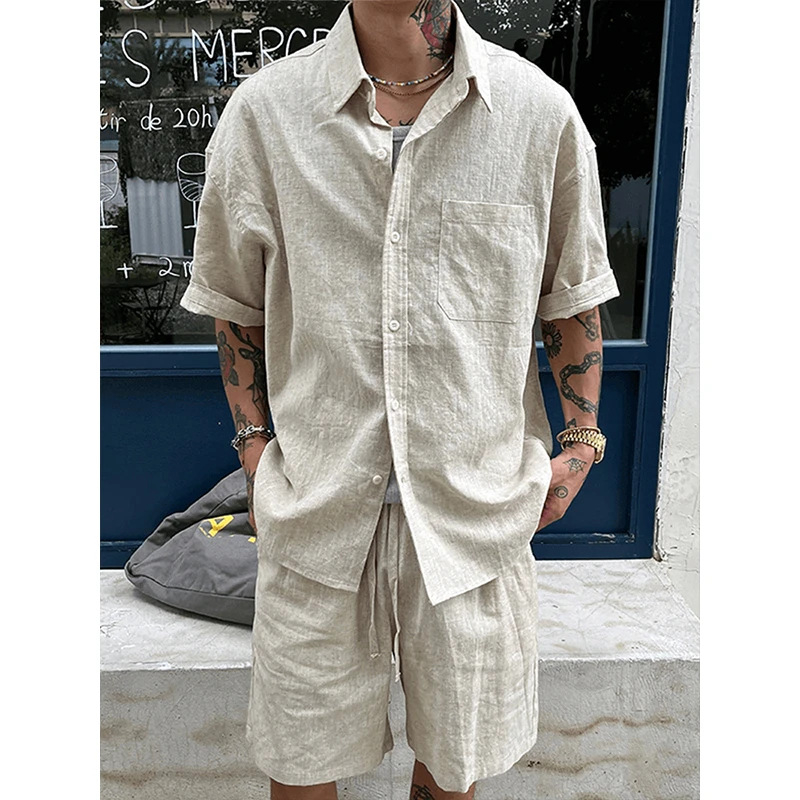 Muški laneni ležerni set – košulja s kratkim rukavima i šorcima, slobodan kroj, stojeći ovratnik, ljeto