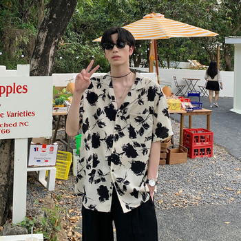 Muška košulja kratkih rukava s cvjetnim uzorkom, kvadratni ovratnik, slobodan kroj, poliester-mješavina, lagani materijal