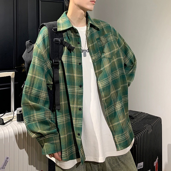 Muška vintage karirana košulja s dugim rukavima, stojeći ovratnik, širok kroj, pamuk-mješavina tkanine za proljeće i jesen