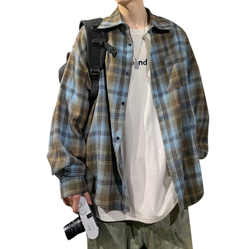 Muška vintage karirana košulja s dugim rukavima, stojeći ovratnik, širok kroj, pamuk-mješavina tkanine za proljeće i jesen