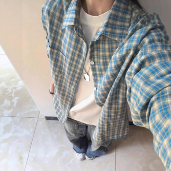 Košulja u stilu kardigana, rever ovratnik, dugi rukav, karirani uzorak, 96% pamuk