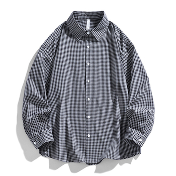 Férfi kockás ing, japán retro stílus, laza szabás, hosszú ujjú, rever
