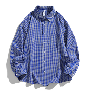 Férfi kockás ing, japán retro stílus, laza szabás, hosszú ujjú, rever