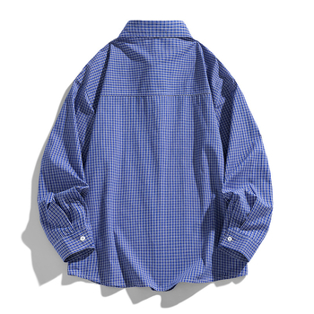 Férfi kockás ing, japán retro stílus, laza szabás, hosszú ujjú, rever