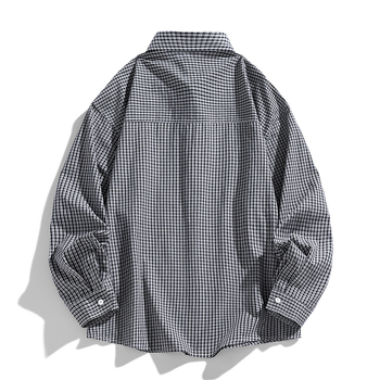 Férfi kockás ing, japán retro stílus, laza szabás, hosszú ujjú, rever