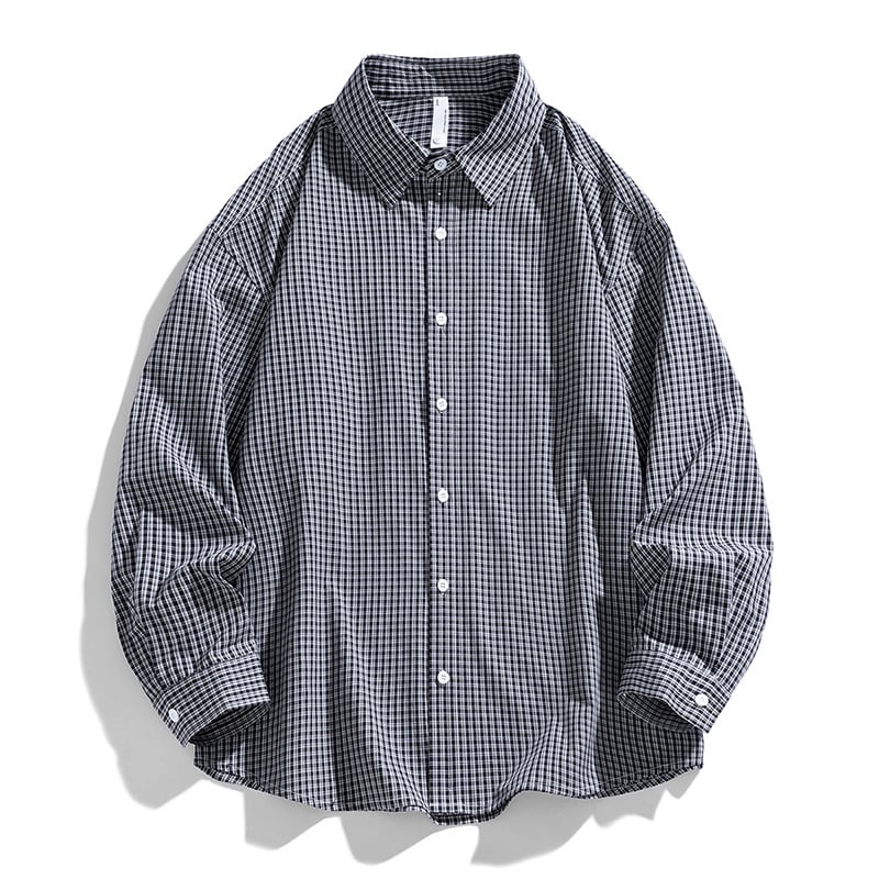 Férfi kockás ing, japán retro stílus, laza szabás, hosszú ujjú, rever