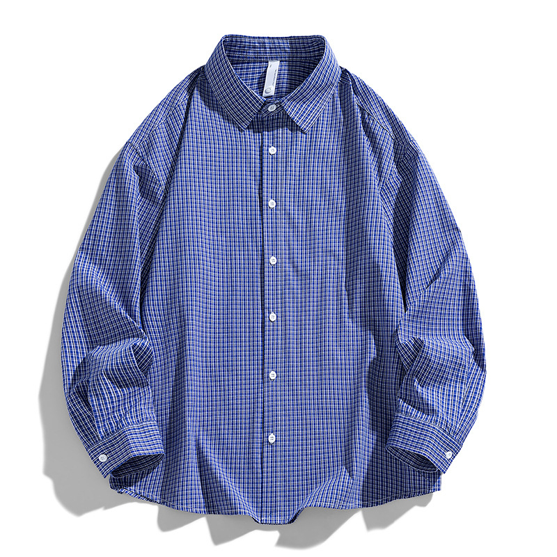 Férfi kockás ing, japán retro stílus, laza szabás, hosszú ujjú, rever