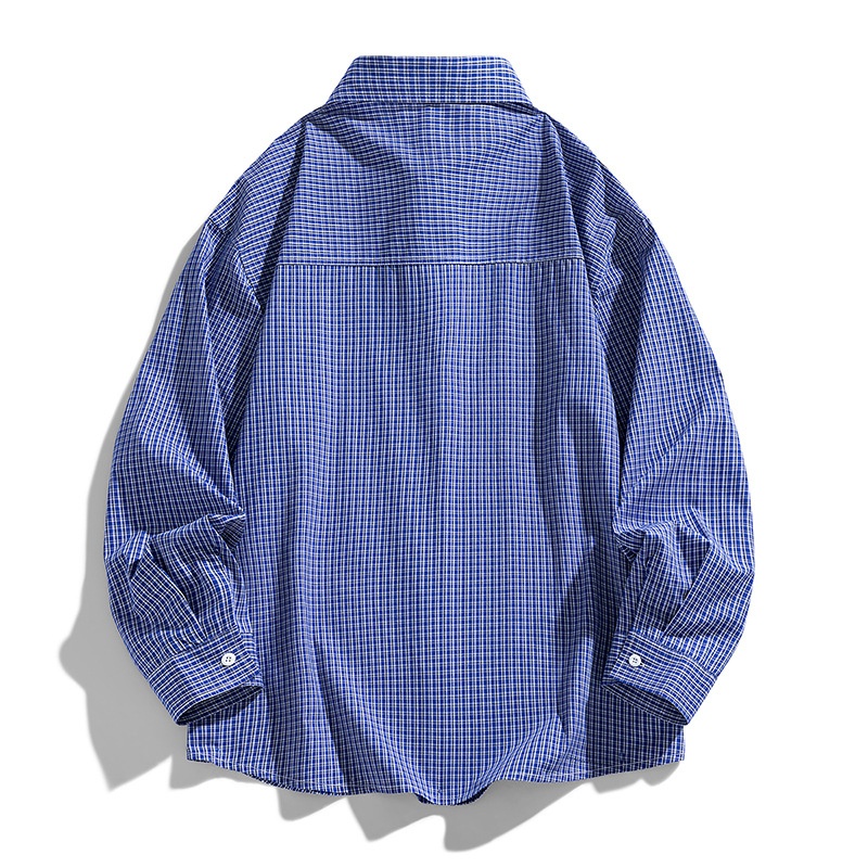 Férfi kockás ing, japán retro stílus, laza szabás, hosszú ujjú, rever