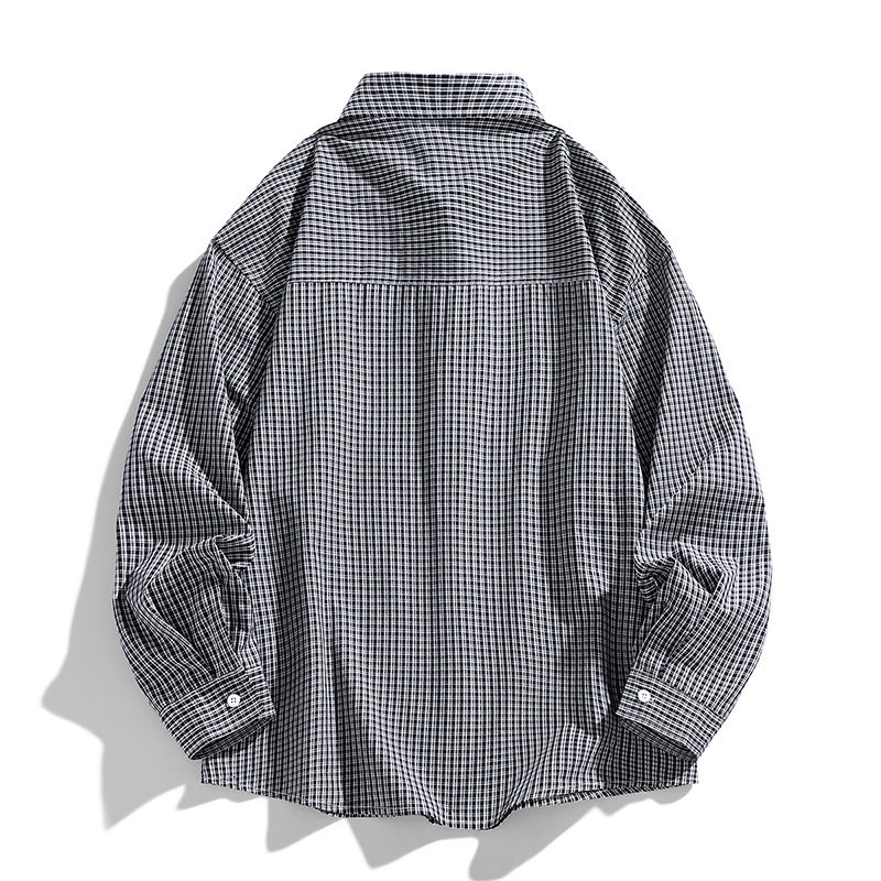 Férfi kockás ing, japán retro stílus, laza szabás, hosszú ujjú, rever