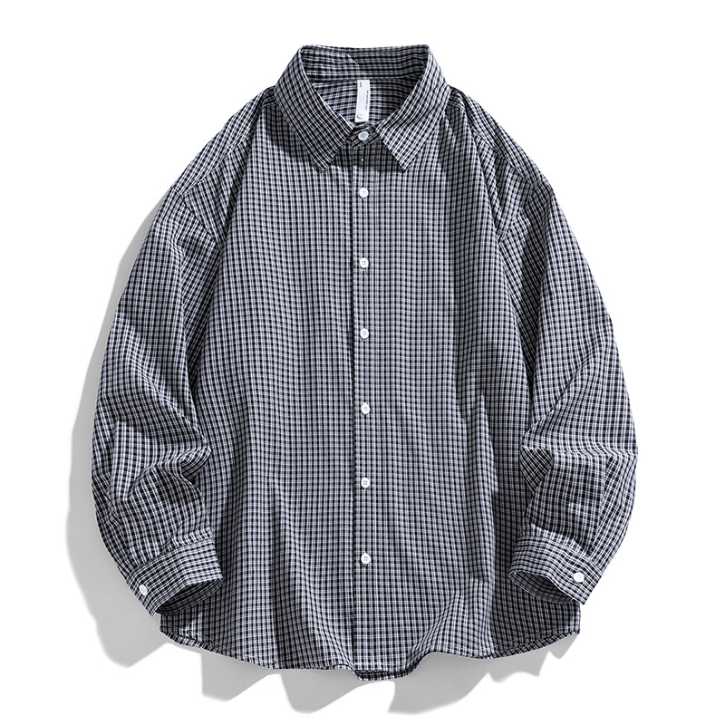 Férfi kockás ing, japán retro stílus, laza szabás, hosszú ujjú, rever
