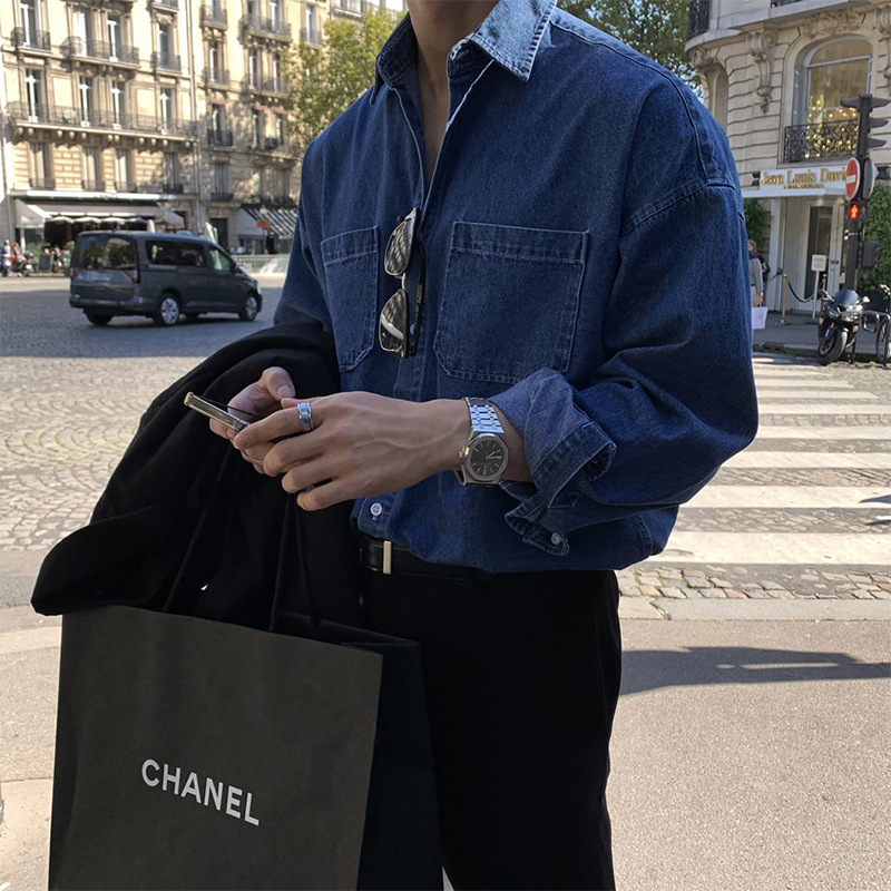 Muška košulja od pamuka, dugi rukavi, rever ovratnik, hongkonški stil