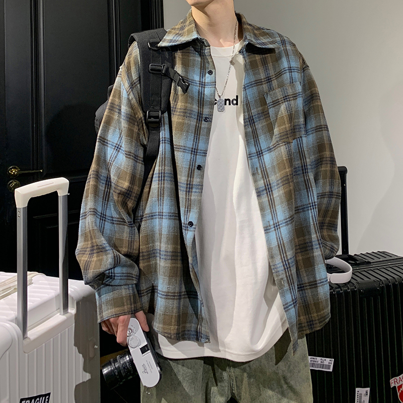 Muška karirana pamuk košulja, stojeći ovratnik, dugi rukav, široki kroj, proljeće-jesen casual