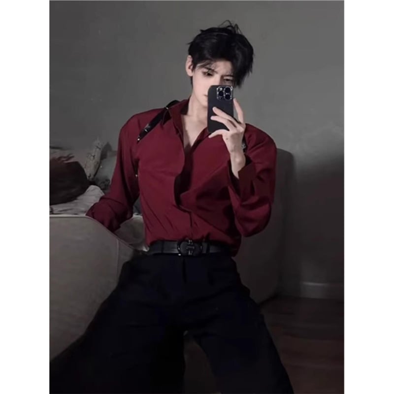 Muška košulja-kardigan od ledene svile, opuštenog kroja, dugi rukavi, rever, korejski stil