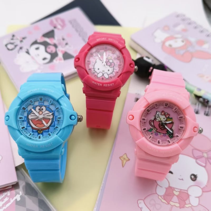 Dječji sat s karikaturom mačke, luminescirajući analogni sat, kvarcni mehanizam (model 68), plastično kućište i remen